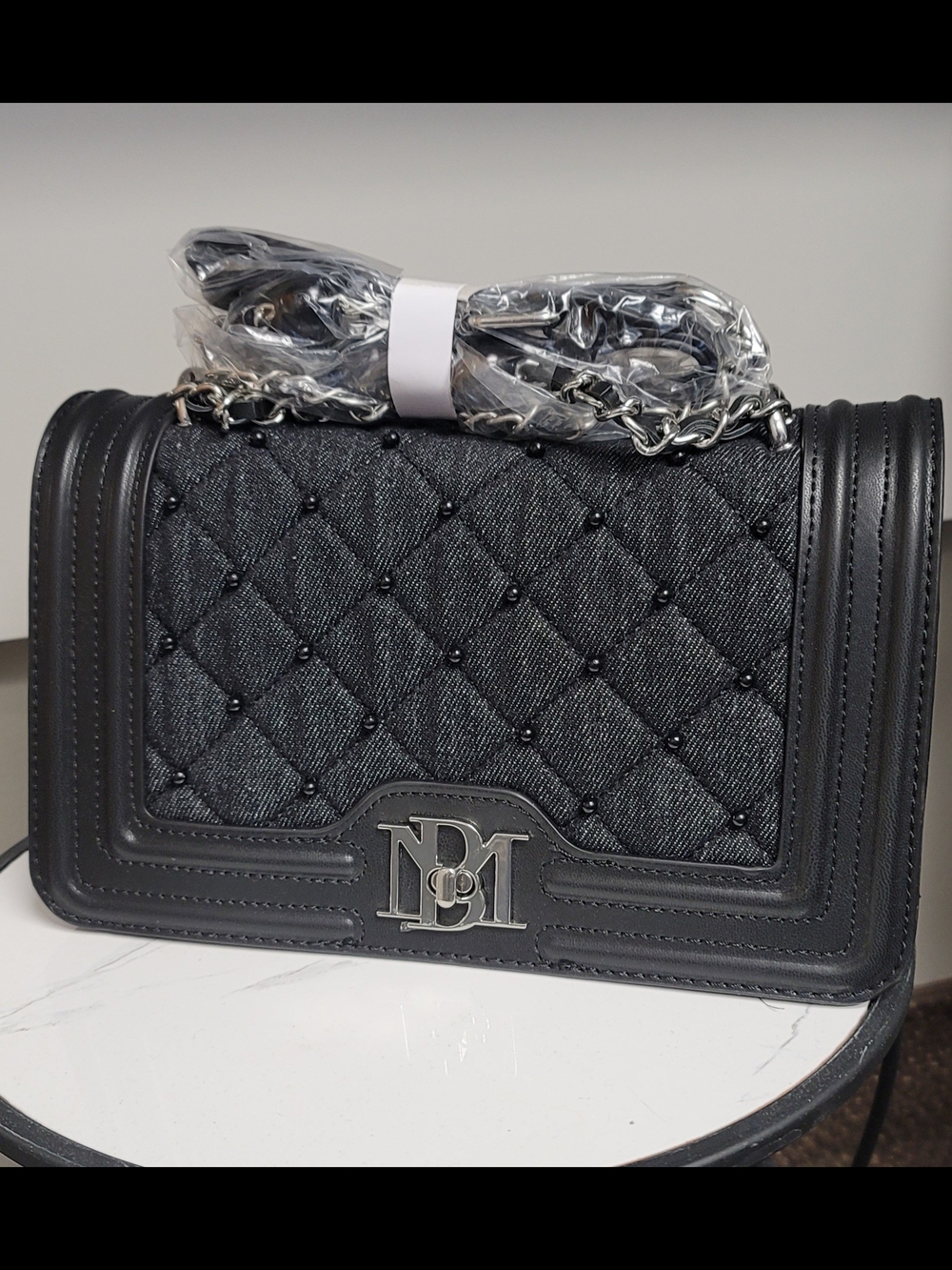 Badgley Mischka Black Quilted Denim Chain Crossbody Bag